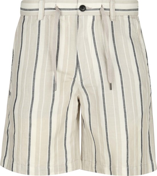 Linnen blend chino short met verticale beige, grijze en witte strepen, met trekkoord en knoopsluiting.
