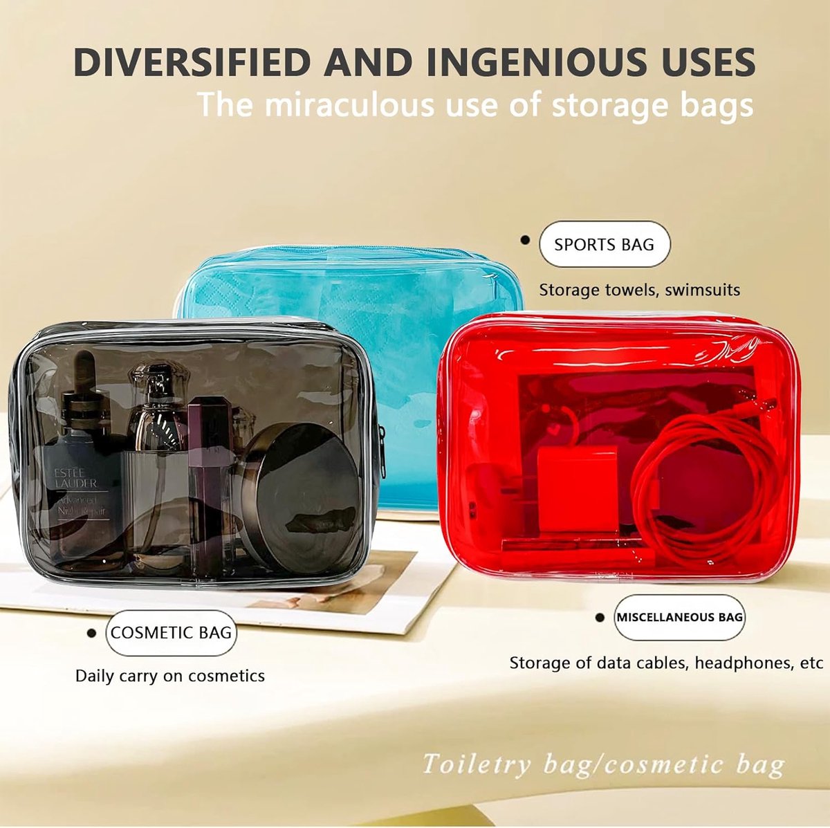 Transparent PVC toiletry bag in 1 bright colors, large capacity, en1126-y2, modern - ShopVlot
