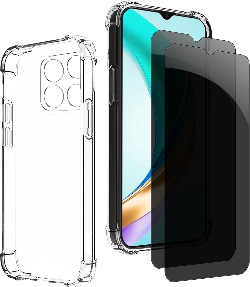 Inkijkbescherming voor Honor x6b, 1 TPU hoes met 2 stuks pantserglas, 9H glas, anti-spy folie, transparante siliconen beschermhoes, anti-geel, slank