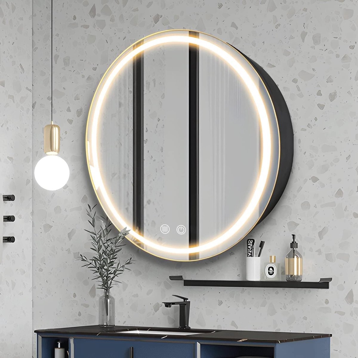 28 inch ronde medicijnkast met verlichting, led-medicijnkast met ontdooier, verlichte spiegelkast voor badkamer, dimbaar, anti-mist, 3 kleuren, alleen op de oppervlakte