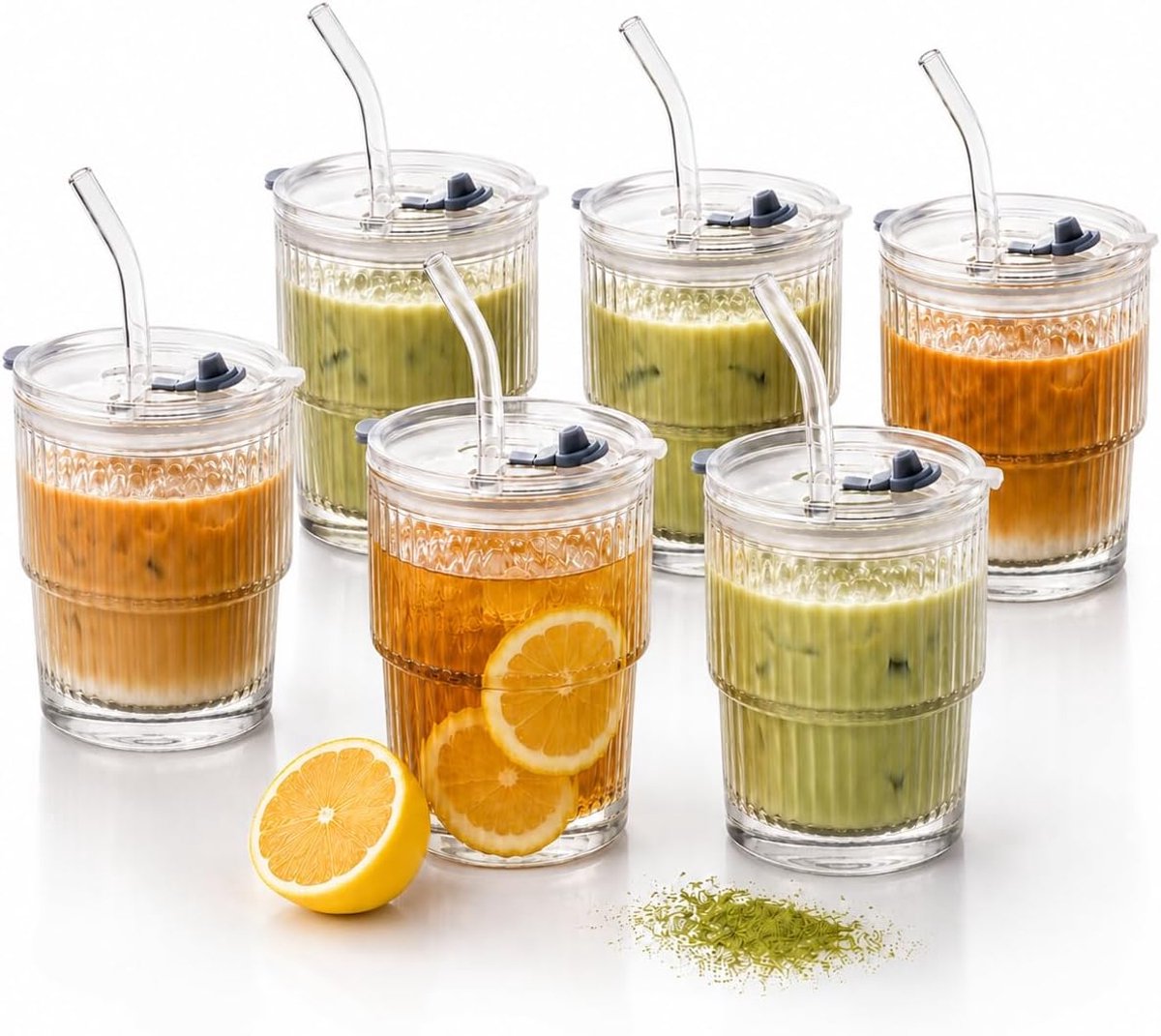 Set van 6 glazen met 2-in-1 deksel en glazen rietje, 330 ml geribbelde drinkglazen, lekvrij en stapelbaar voor Matcha, Iced Tea, Latte Macchiatto & Cold Brew & ijskoffie, glazen met deksel