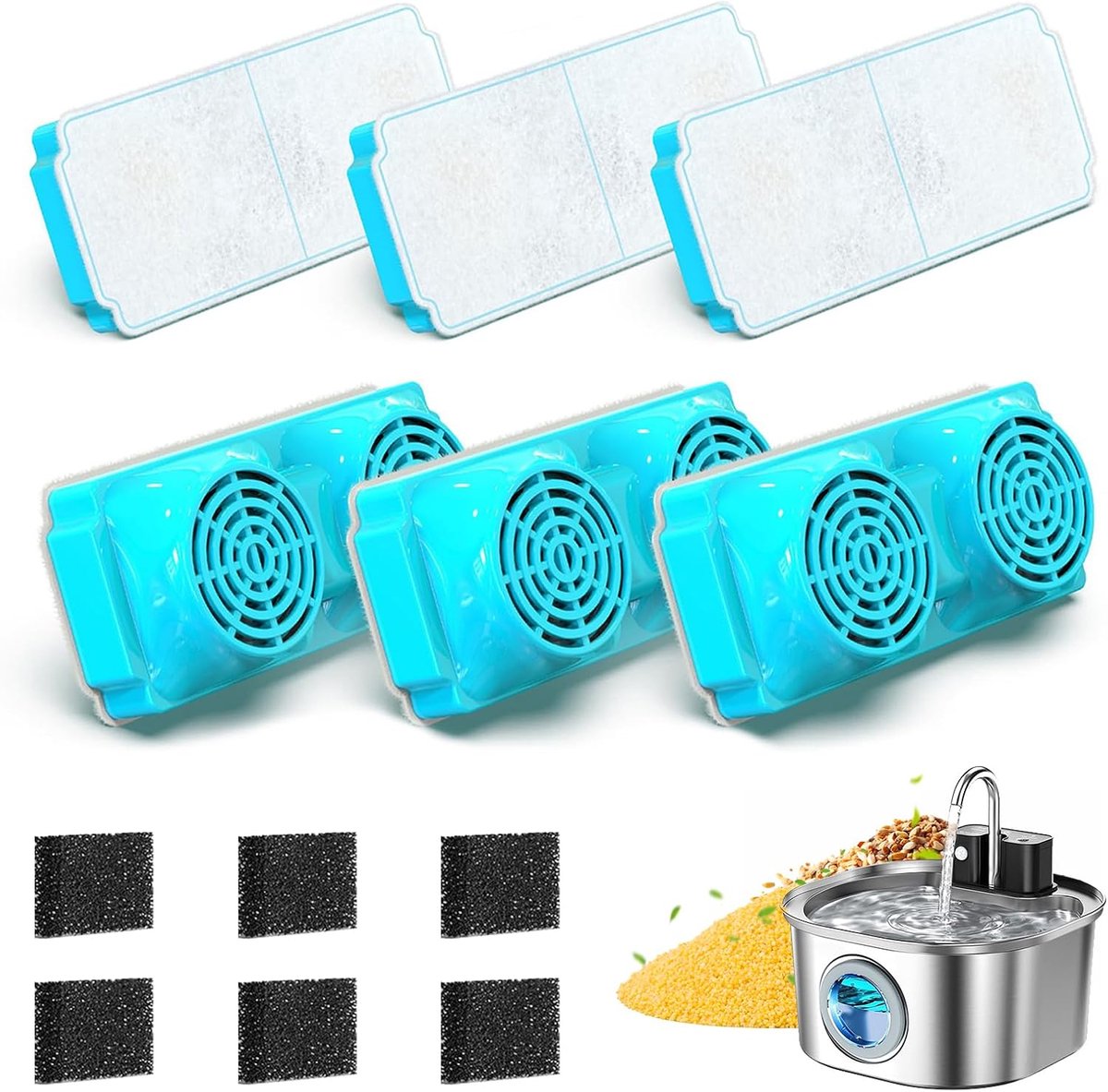 12 stuks navulverpakking filters voor kattenfonteinen, reservesponsfilter voor dierendrankfontein, compatibel met 3,2 l draadloze kattenfontein, bevat 6 actieve koolfilterpatronen en 6 filtersponzen