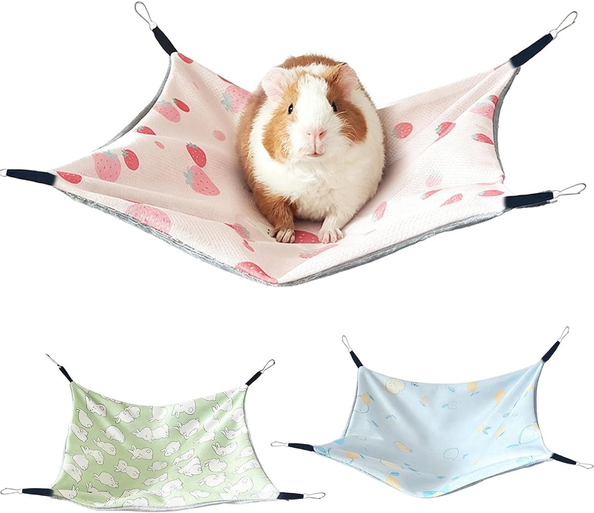 Set van 3 cavia-hangmatten, 28 x 28 cm, dubbelzijdige hangmat met ijszijde en kristalvelours, fretten accessoires en cavia-accessoires, hangmat voor kooi, wasbaar, ademend