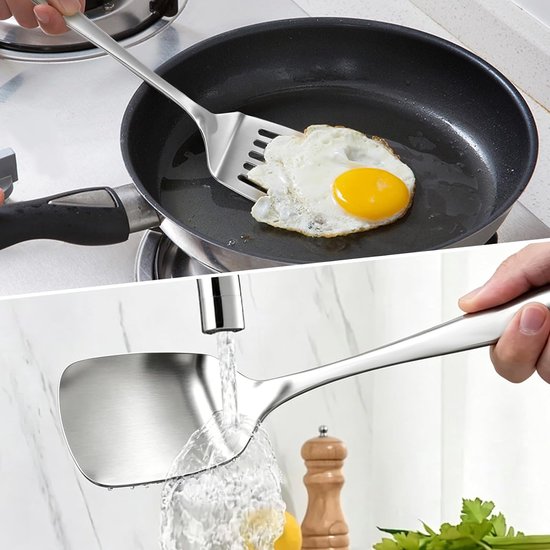 Spatelset, 2-delig, sleuf- en platte roestvrijstalen spatel, geschikt voor antiaanbakpannen, vaatwasmachinebestendig, gemakkelijk te reinigen, voor keuken, barbecue en camping — afbeelding 5