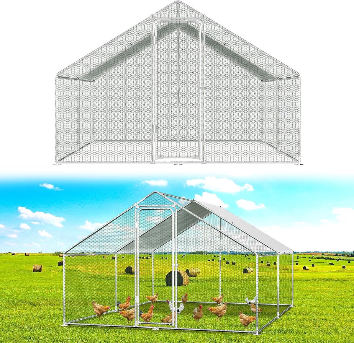 Kippenren met veiligheidsslot en waterdichte PE-doek - veel ruimte voor kippen, konijnen en andere kleine dieren - robuust stalen frame - 3 x 4 x 2 m