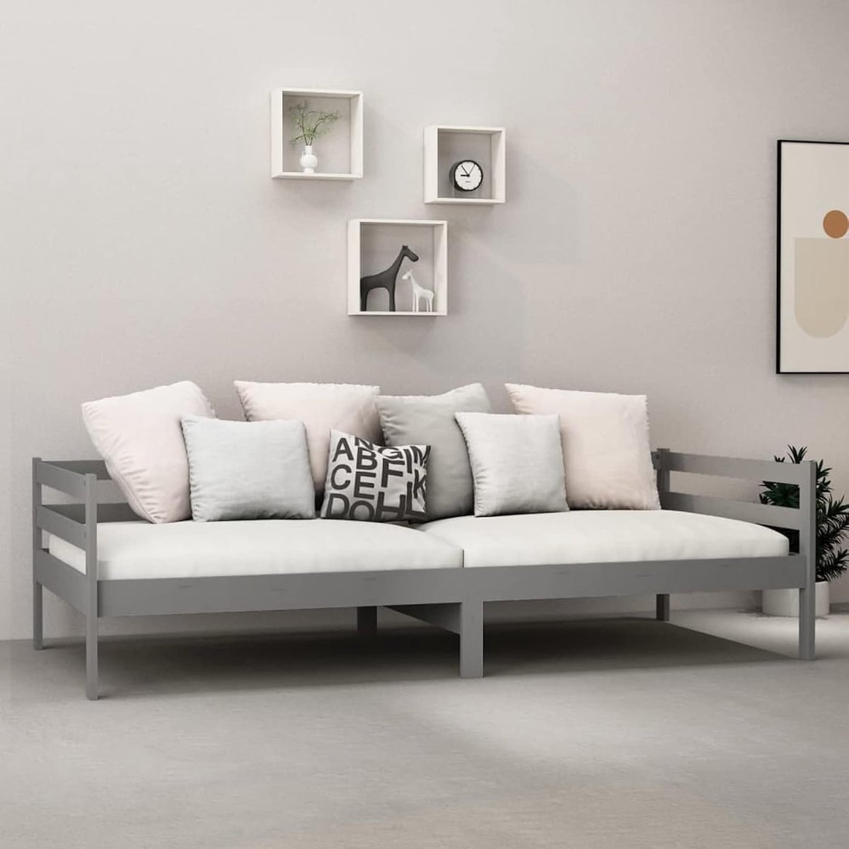 Eenpersoonsbed, lattenbodem voor woonkamer, kantoor van massief hout, grenenhout, grijs, 90 x 200 cm