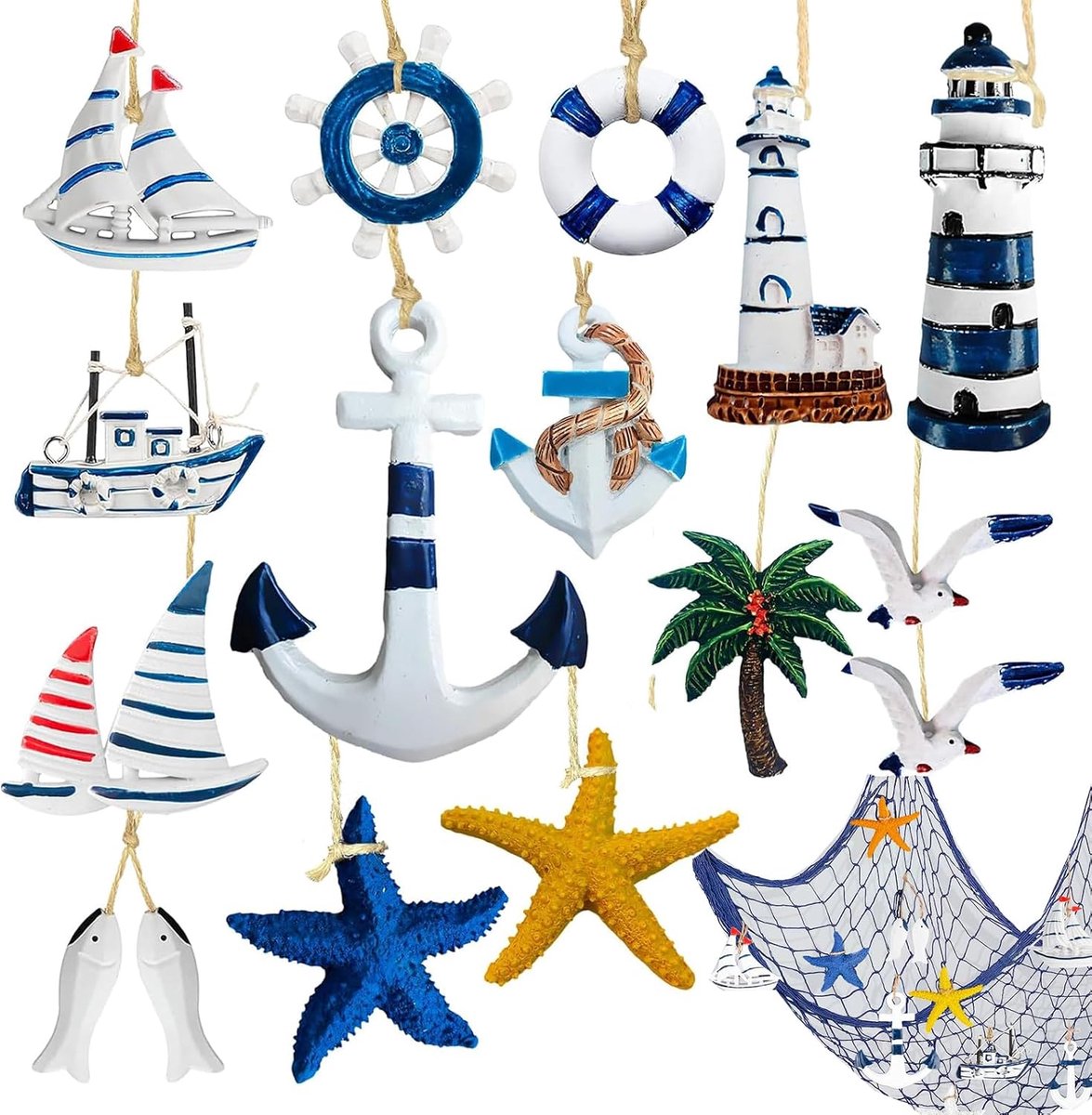 15 stuks maritieme hangers, nautische decoratieset, vuurtorendecoratie, visnet decoratie, voor mini-visnet, decoratie
