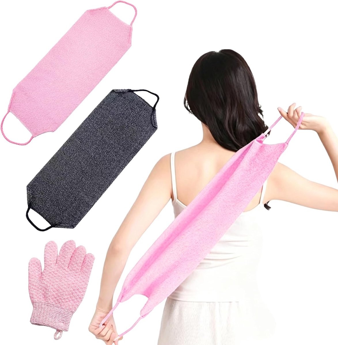 Badset, exfoliërende douchehanddoek met exfoliërende handschoenen, dode huidverwijderaar lichaamsscrubber voor douche spa massage, verpakking van 3 stuks