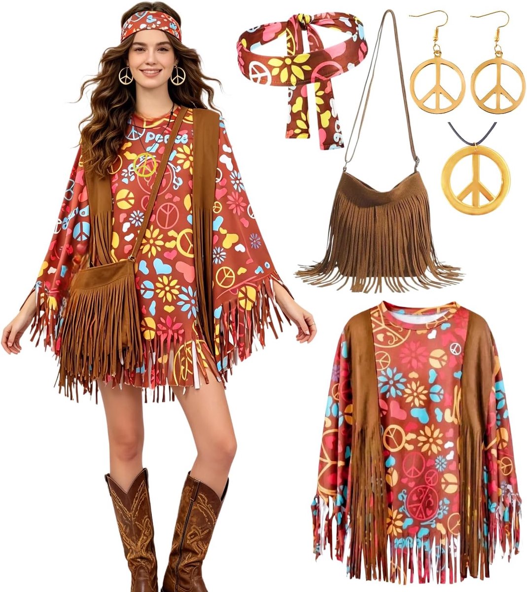 Kasahara Hippie-cape, indianen-thema poncho-kostuums met franjes, western, cowboy, cowgirl, outfit voor carnaval, Halloween, festival, themafeest
