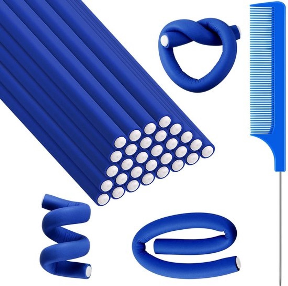 Dailygoody - Flexibele krulspelden - Haarrollers zonder hitte - Zacht - Blauw - 30 stuks met stalen pintailkam
