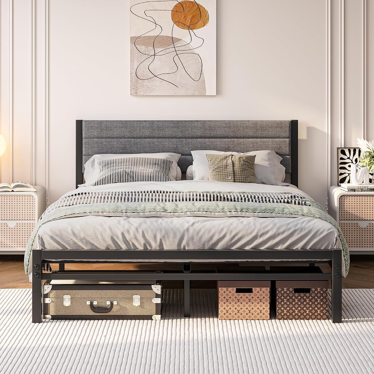 140x200 met lattenbodem, metalen bedframe uit metaal, gestoffeerd bed 140x200 cm tweepersoonsbed, bedframe met hoofdbord, gastenbed Geen boxspringbed vereist, eenvoudige montage, grijs