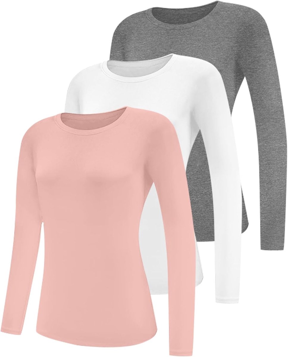 Set van 3 damesshirt met lange mouwen, katoenen bovenstukken met ronde hals, casual blouse, ronde hals, top, lange mouwen, dames, strak, meerkleurig