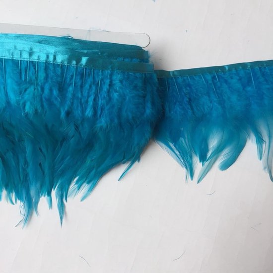 Veerfranje met gekleurde hanenveren, voor kostuum, decoratie, kleding, verpakking van 4,57 m, turquoise — afbeelding 3