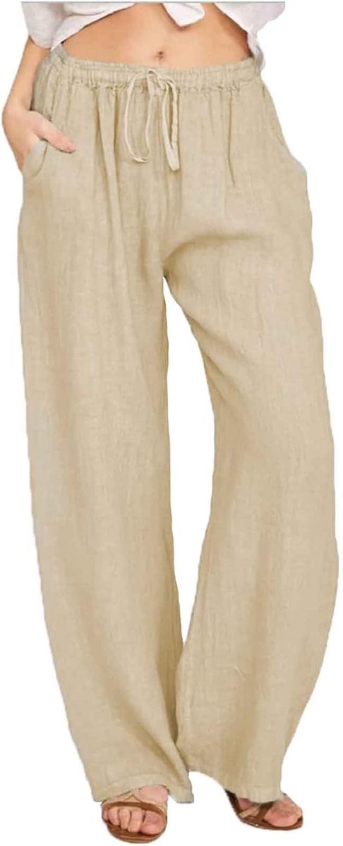 Zomerbroek voor dames, vrijetijdsbroek, lang, licht, katoen, linnen broek, casual, wijde broek, casual, zomer, strandbroek, effen, met trekkoord, losse stoffen broek, elegante linnen broek