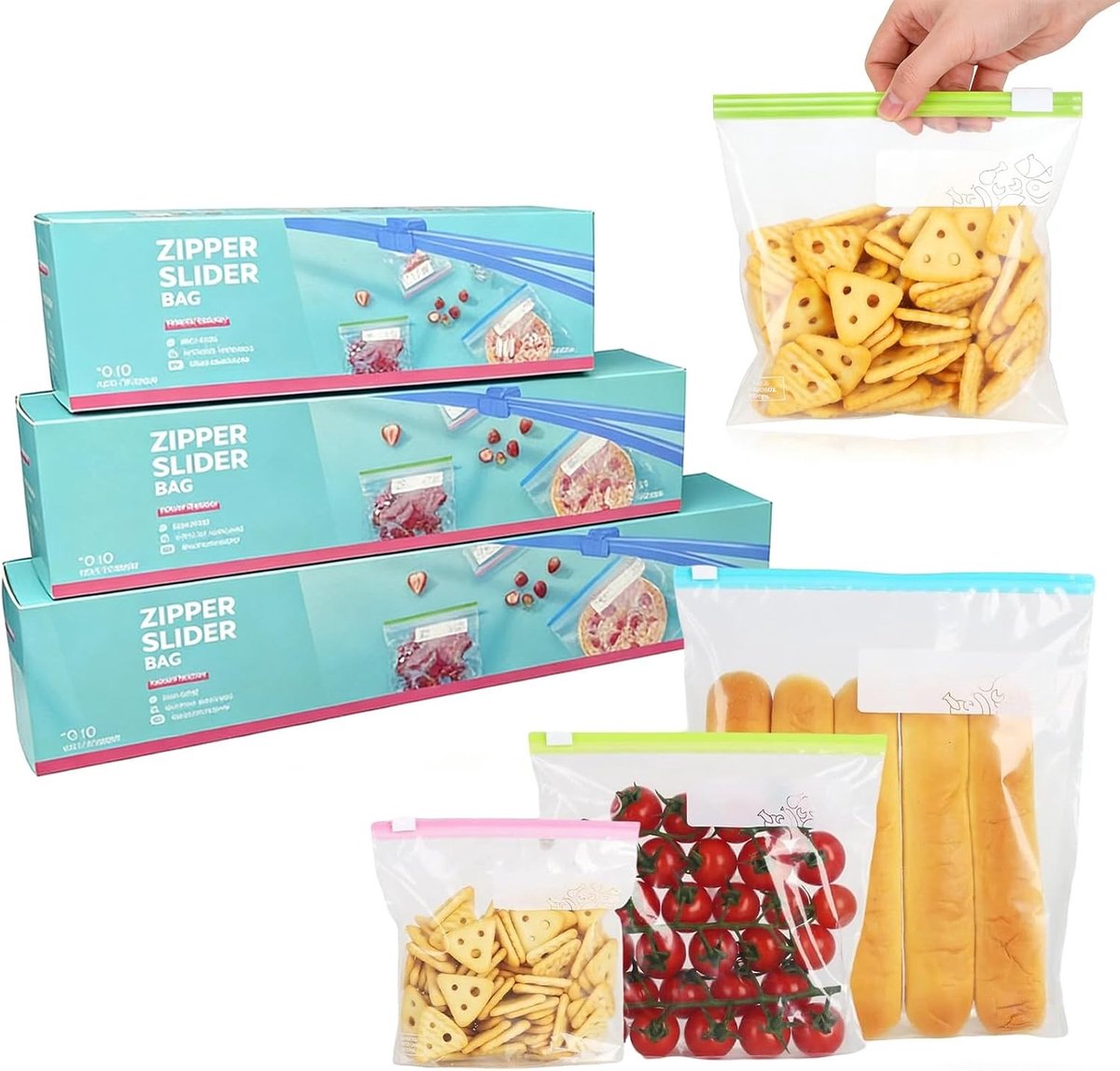52 Stuks Vriezerzakken, Herbruikbare Luchtdichte Opbergzakken voor Voedsel, Geschikt voor Fruit, Groenten en Vlees, 3 Maten (S/M/L)