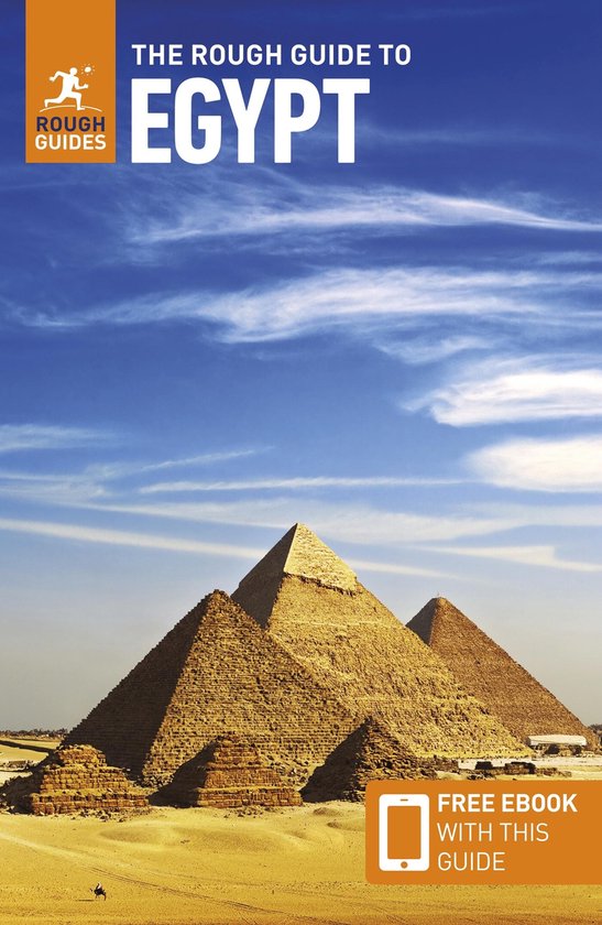 La couverture de 'The Rough Guide to Egypt' présente les pyramides de Gizeh sous un ciel bleu vif et nuageux. Un logo orange 'Rough Guides' est en haut à gauche.