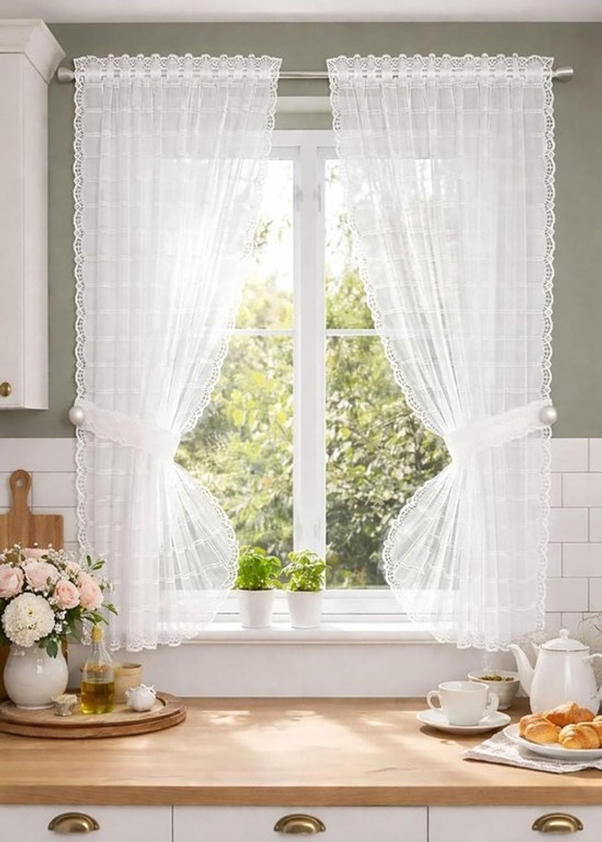 Jacquard gordijnset - Landelijke keukengordijnen - Decoratief - 4-delige set - 120 x 145 cm - Wit