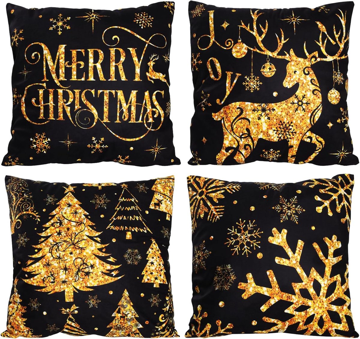 SnelShoppen - Set van 4 Kerst Kussenhoezen 45x45cm - Zachte Katoenen Fluffy Kussen Covers - Sneeuwvlokken en Kerstman Design - Perfect voor Woonkamer,
