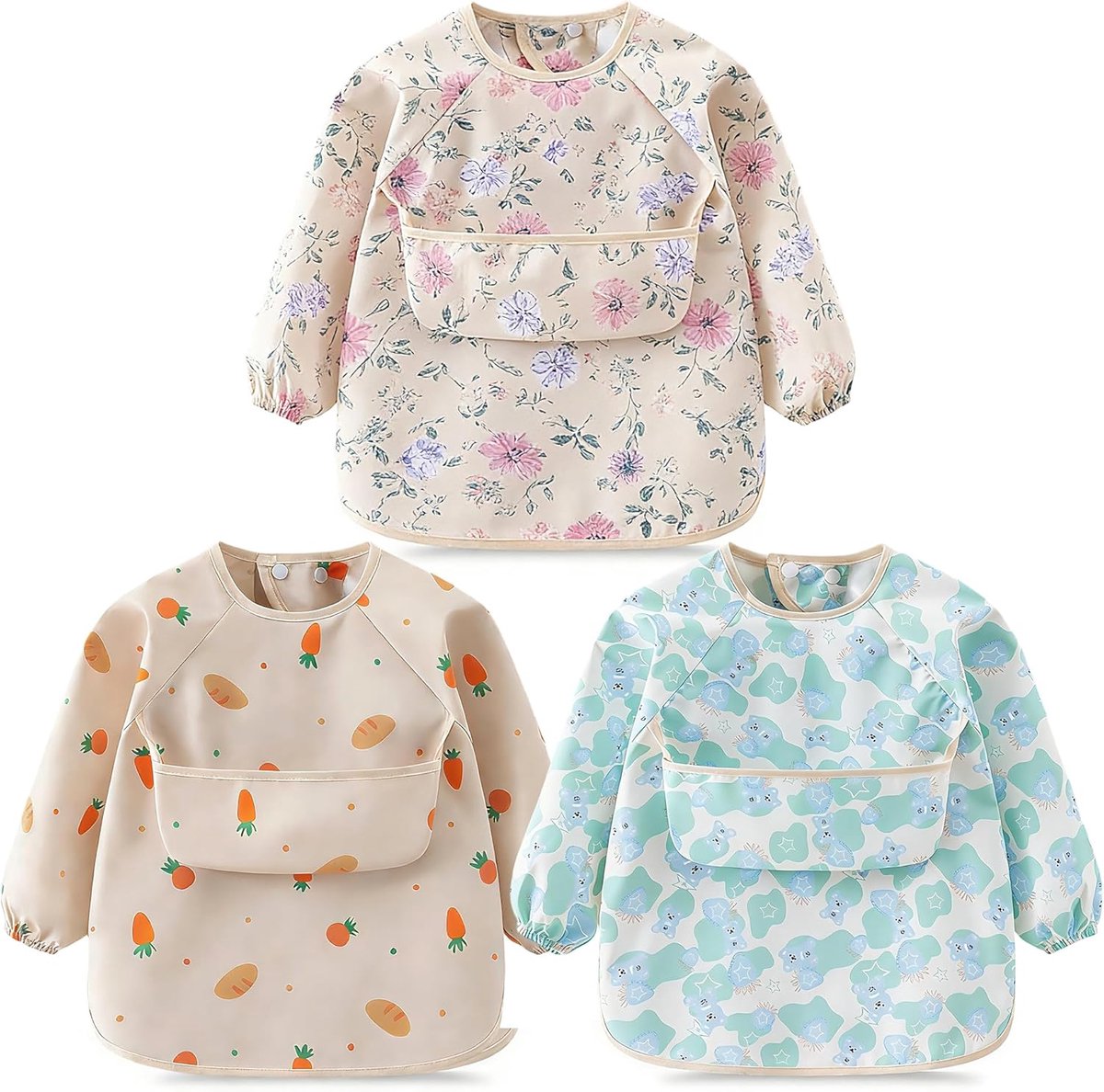 Baby slabbetjes met mouwen 3-pack - waterdicht - ideaal voor knoeien - eenvoudig schoon te maken - SnelShoppen