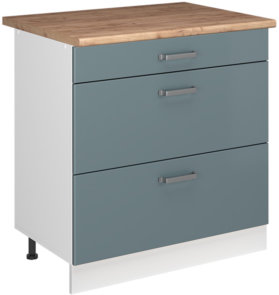 Vicco Keukenonderkast R-Line, Blauw-grijs/Wit, 80 cm met 3 laden goudkleurig eiken werkblad