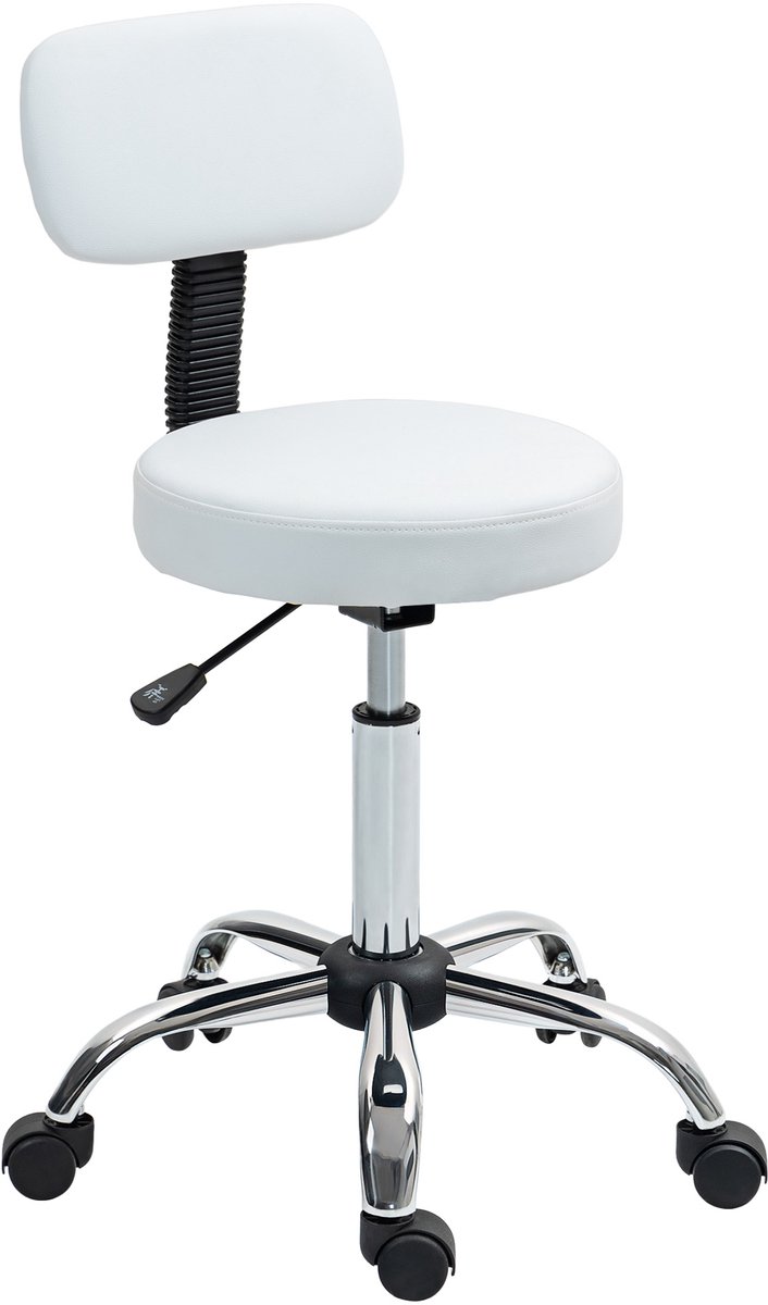 Salonkruk - in hoogte verstelbaar 78-93 cm, 360° draaibaar, met rugleuning, op wielen, wit, voor salon
