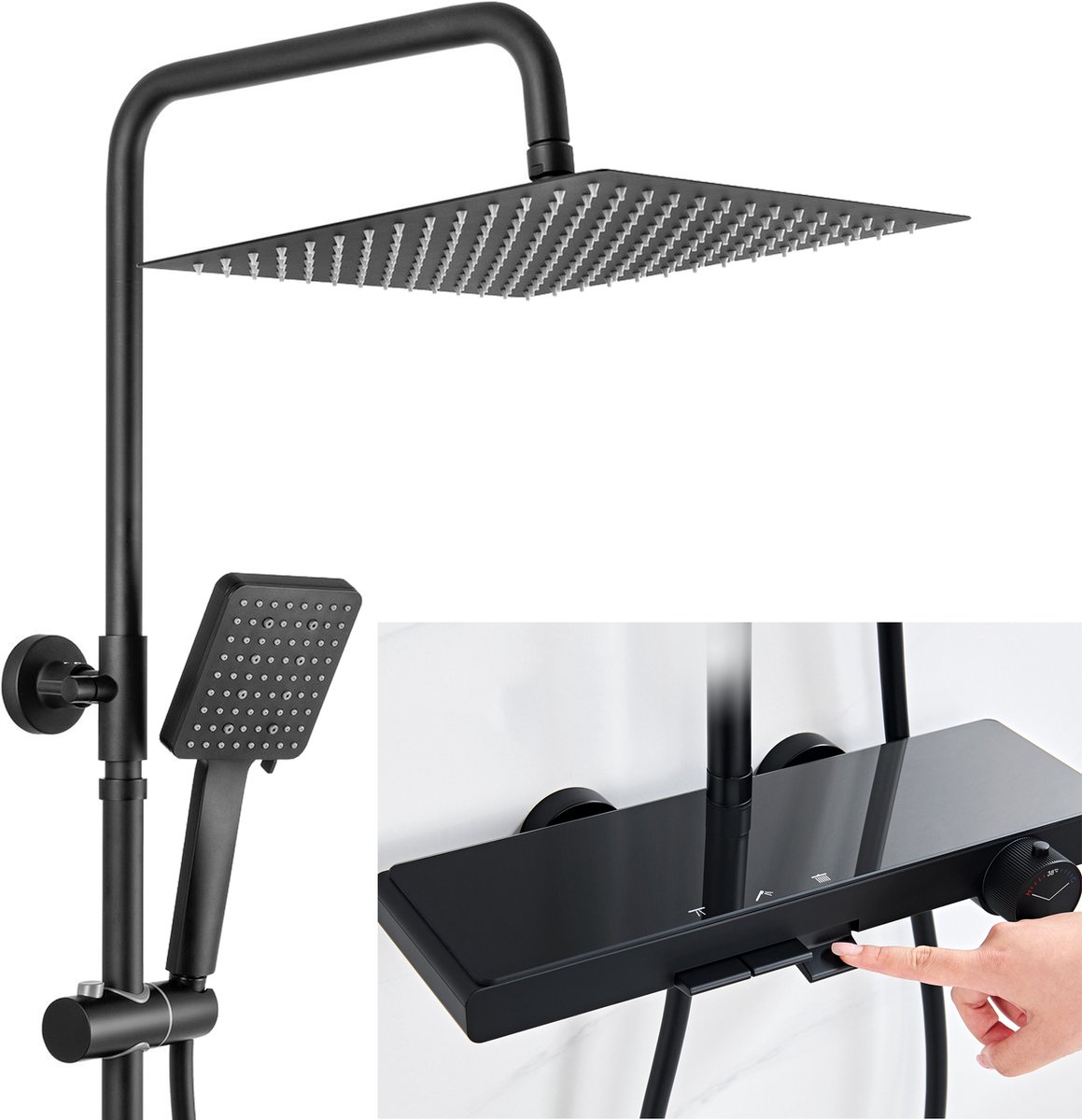 Sofetiy Max Regendouche met Thermostaatkraan - XL Ø 30 cm Douchekop - Thermostatische Met 3 Uitlaten - Handdouche Met 6 standen - Doucheset Met Planchet - Hoogte Verstelbaar 89-126 cm - Waterbesparend - Zwart