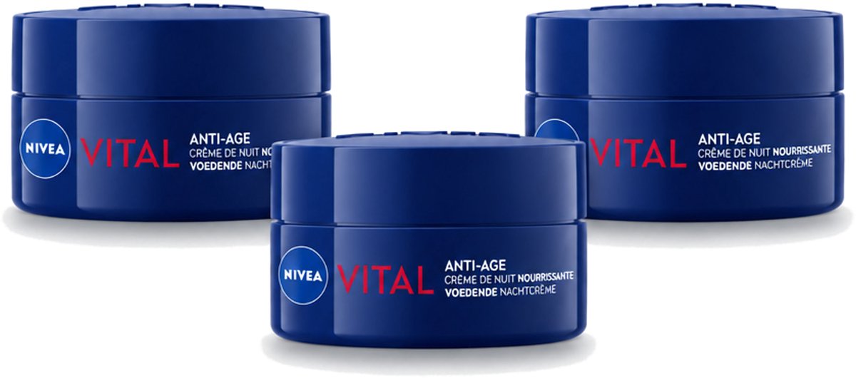 3 x NIVEA - Nachtcrème - VITAL Anti-Rimpel Herstellend - Voor rijpe huid - Met Vitamine F, Teunisbloemolie & Calcium - 50 ml - Voordeelverpakking - 3 stuks