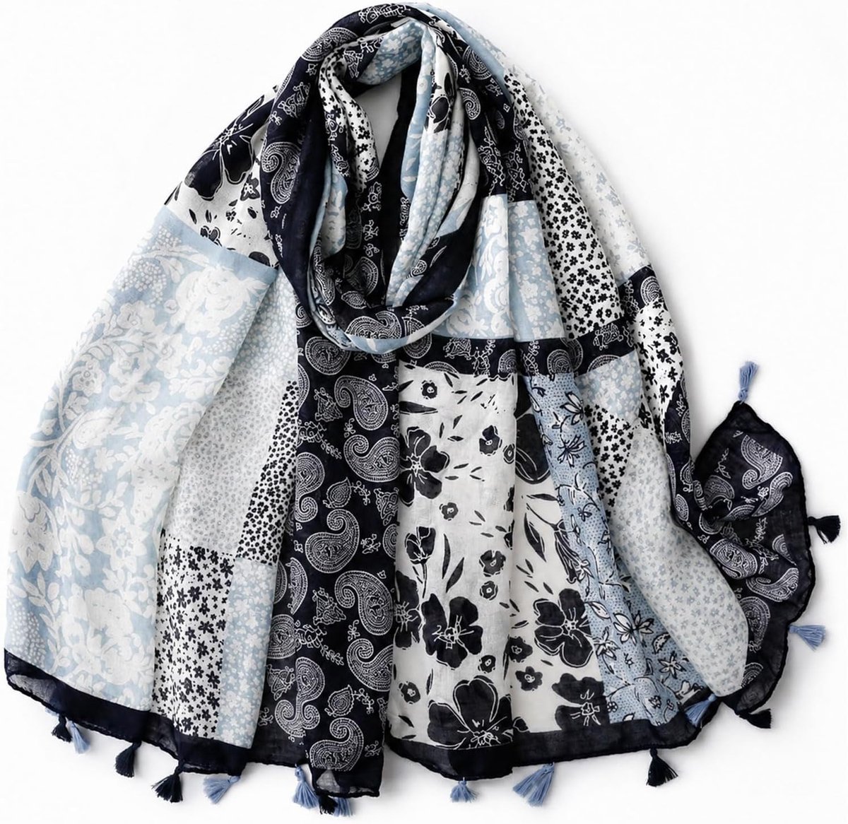 Paisley Halstuch, Polyester Dames Sjaal, Vier Seizoenen Stola, Blauw Wit Zwart 180×88cm Polyester Sjaal met Kwasten voor Dagelijks Gebruik, Reizen & Zonbescherming