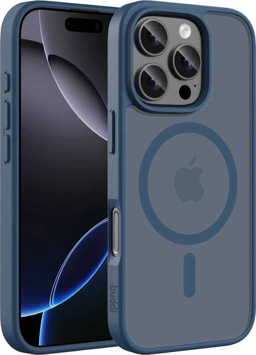 Buddi Frost Hoesje Geschikt voor Apple iPhone 16 Pro - Mat Donker Blauw - MagSafe Back Cover - Matchende kleur - Shockproof - Slank