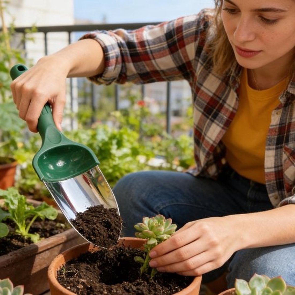 Ergonomische tuinschep - Plantschep voor bodem - Tuinonderhoud - grondbewerking - Roestvrij staal - 30 cm - Groen