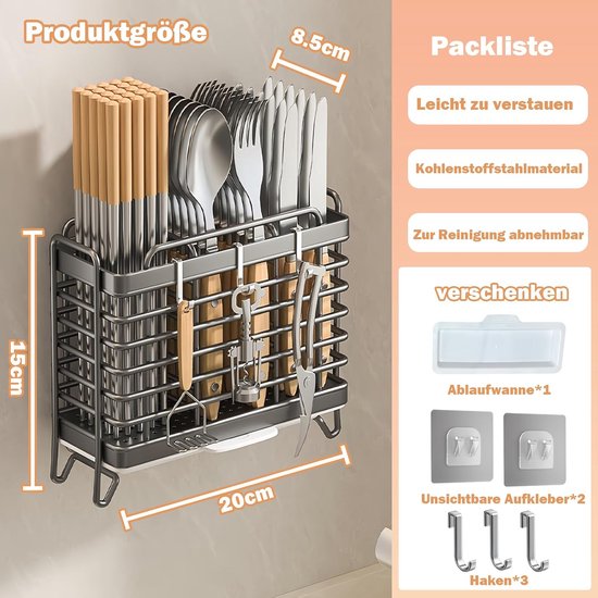 Bestekhouder, keukengereihouder, bestekmand, wandmontage, traceless sticker, koolstofstaal, bestek, afdruipbak, houder voor bestek en keukenhulp (zwart) van Landmann — afbeelding 2