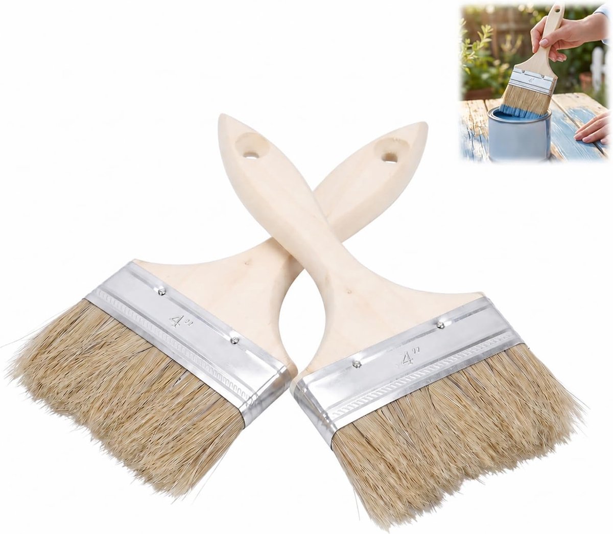 Set van 2 spalters groot formaat, verfkwast, breed oppervlak, platte spalter, verfkwast voor hout, lak, beits, lijm, barbecue, varkensharen van hoge kwaliteit, breedte 96 mm