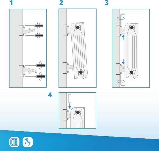 Muurbeugels voor aluminium radiatoren, met verticale / horizontale afstelling en veiligheid - Witte ABS-afdekking en kunststof isolatoren - Maximale capaciteit 50 kg per bevestiging - 3 stuks. — afbeelding 4