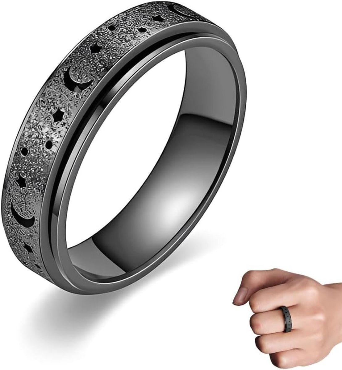 Ringen, 90 procent, draaibare stressringen, fidget-ringen, uniseks, zwart, maat 9, roestvrij staal, maan en ster, anti-stress