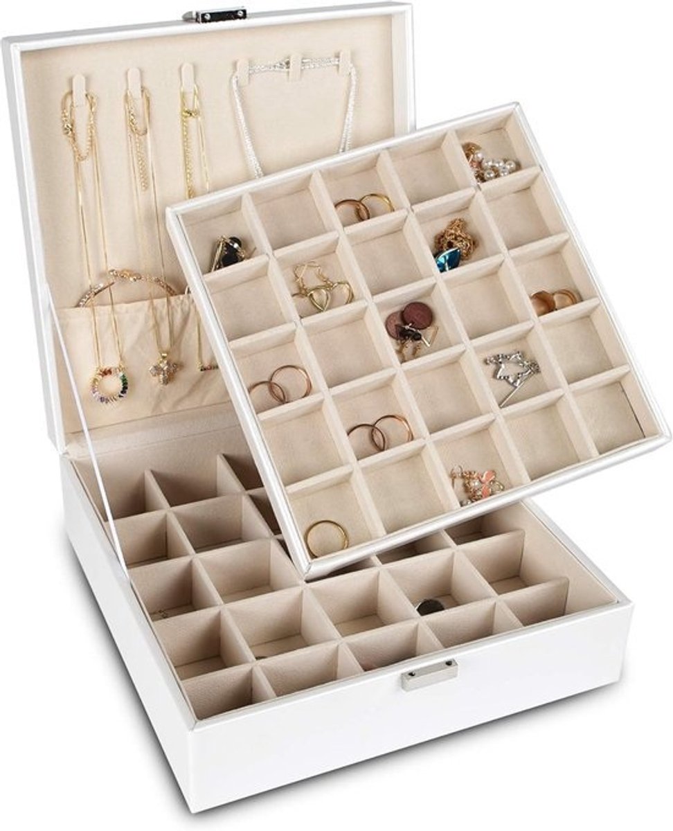 Oorbelorganizer voor sieraden - dubbellaagse opbergtas met 50 slots en kettinghaken (wit)