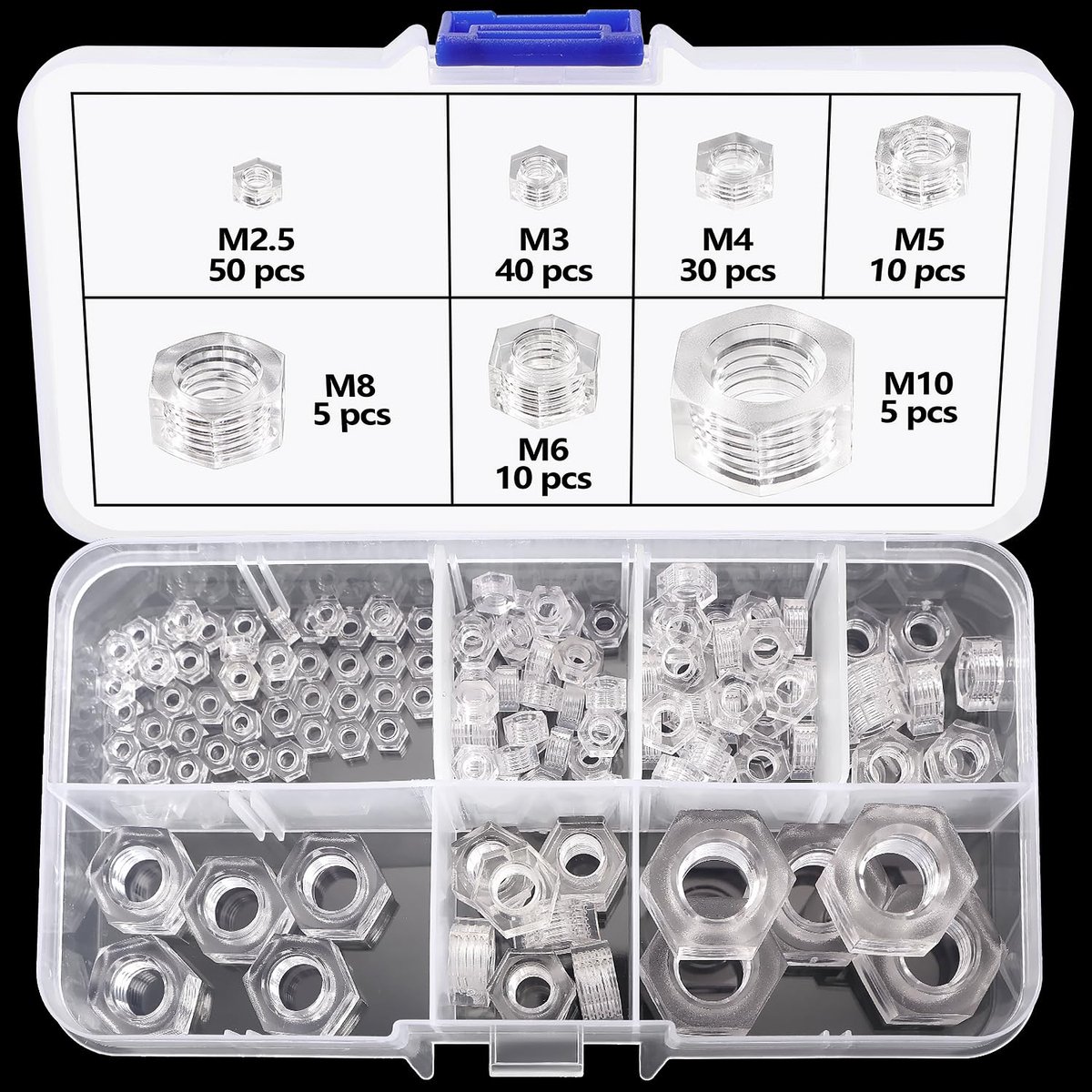 150 Stuks M2.5/M3/M4/M5/M6/M8/M10 Metrische Draad Zeskantbevestiging, Nylon Zeskantmoeren, Kunststof Zeskantmoer, Transparant