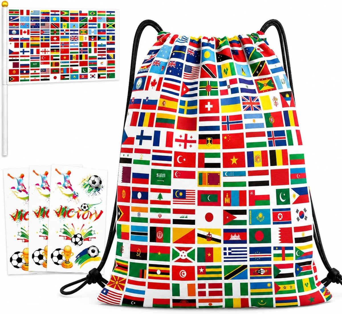 Voetbaltas-tatoeages en handvlagset, wereldbeker voetbal 2026, waterdichte tas met trekkoord voor fans, ontwerp met internationale vlag voor voetbalfeest, sportaccessoire in meerdere landen