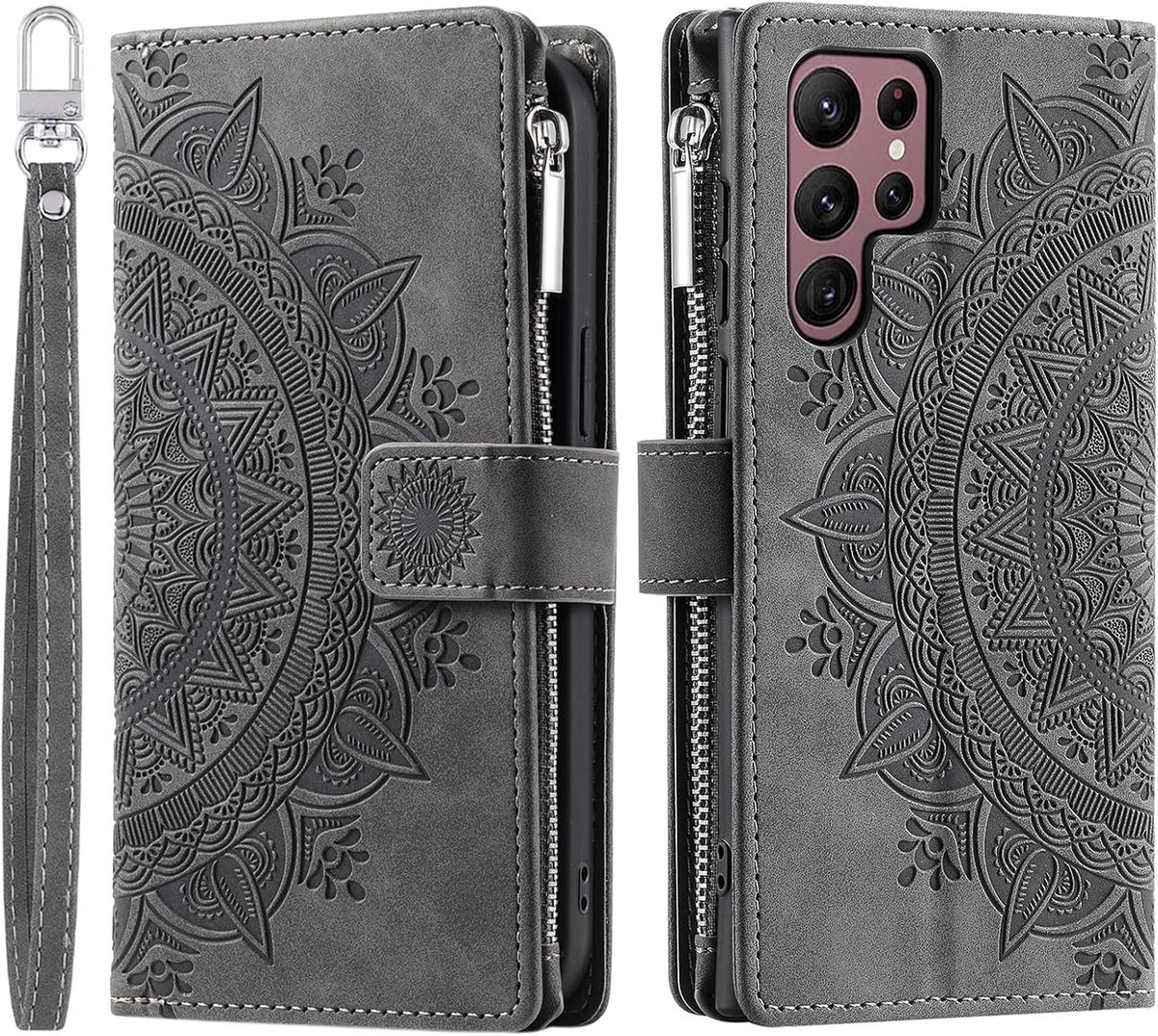 Hoes voor mobiele telefoon voor Samsung Galaxy S23 Ultra, klaphoes, bloemen, beschermhoes, klaphoes met kaartenvak, mobiele telefoonhoes, bookcover, flip case, standaard, grijs