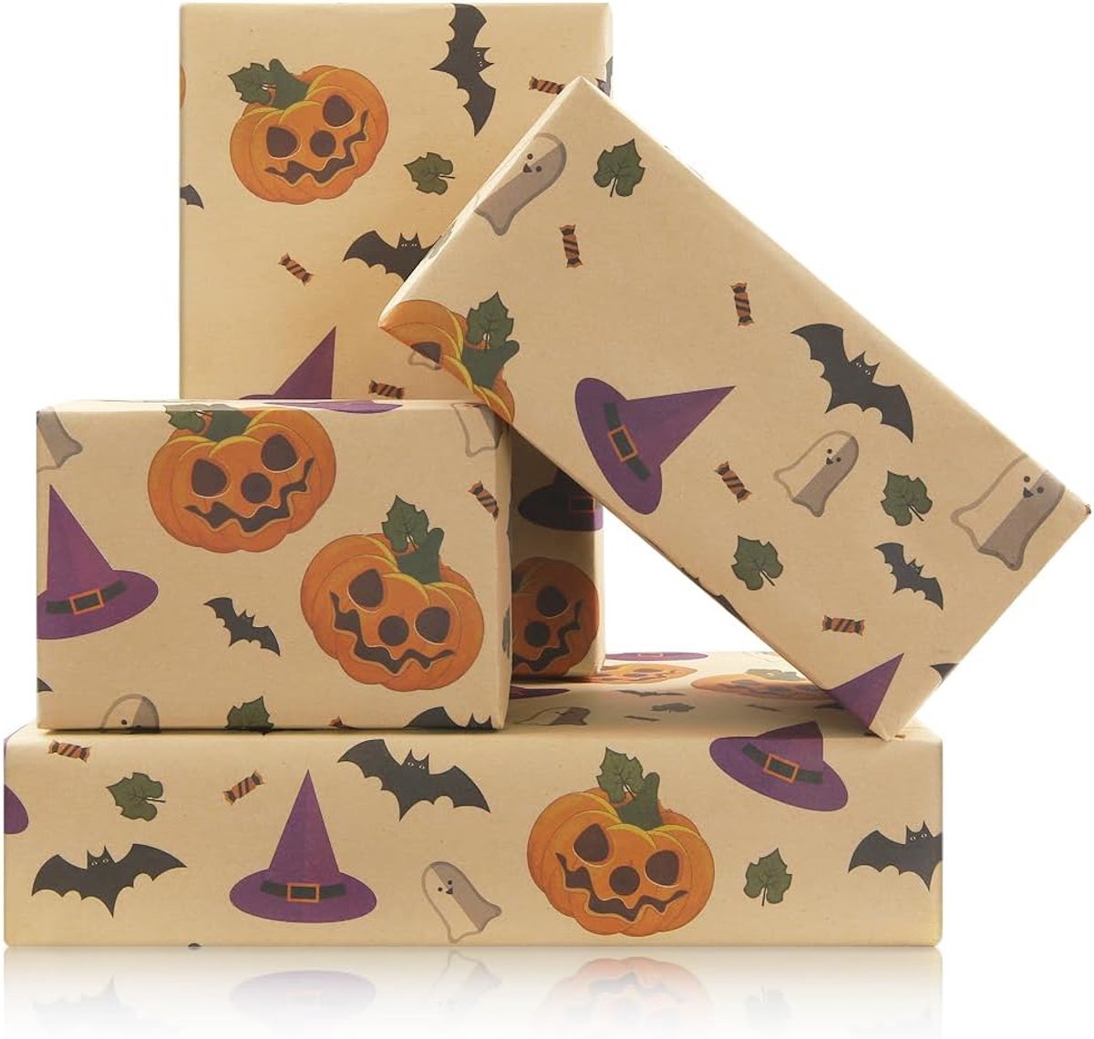 Inpakpapier voor Kinderen, Eng Grappig Oranje Jack-O-Lantern Gesneden Pompoen Schedel Snoep Gift Wrap 4 Vellen Plat Gevouwen 74x50cm Per Vel Voor Dag Van De Doden Halloween Party