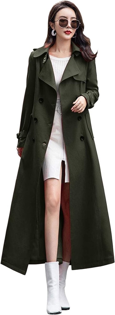 Ebossy Women's Double Breasted Duster Trench Coat Slim Full Length Maxi Long Overcoat (XX-Large, Army )