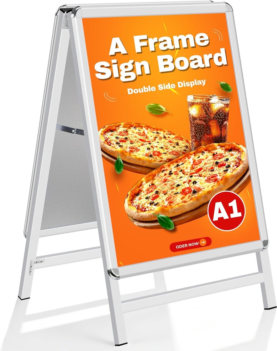 A1 - dubbelzijdige weerbestendige posterstandaard, A-frame standaard voor buiten, standaard voor reclame en beurzen (A1, zilver)