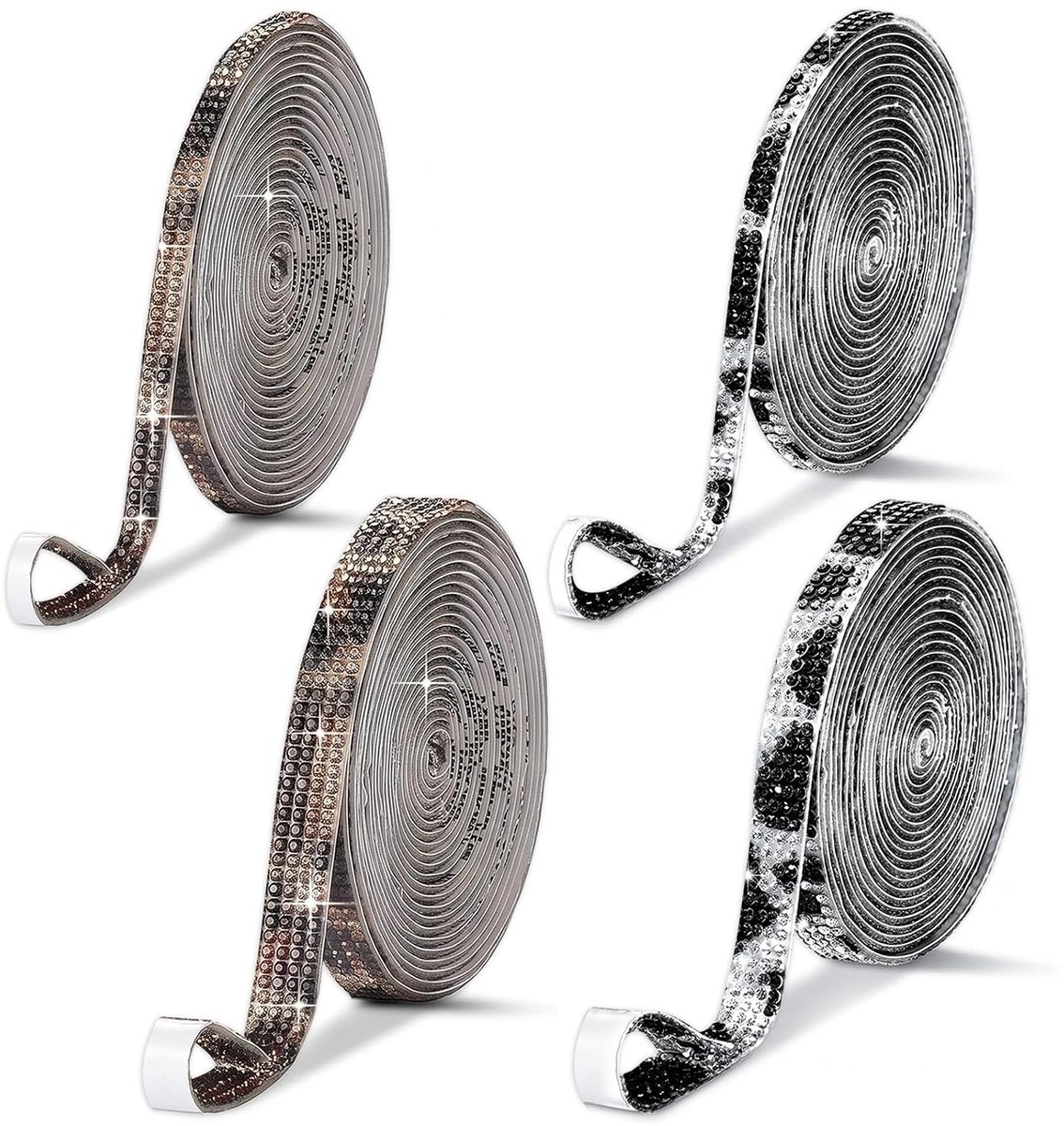 4 rollen strass-lint, zelfklevend, strassband, luipaardmotief en koe, strass-decoratie voor doe-het-zelf, kleding, bruiloft, 90 cm lang, 0,4 cm en 0,9 cm breed