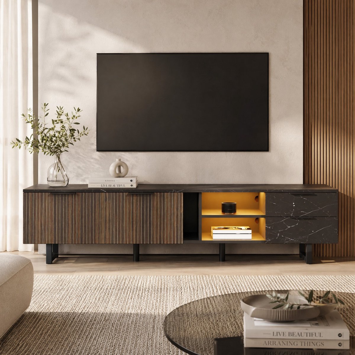 WUVRIE TV-meubel 200 cm - 2 deuren, 2 lades en meerkleurige LED-verlichting - Zwart/houtnerf