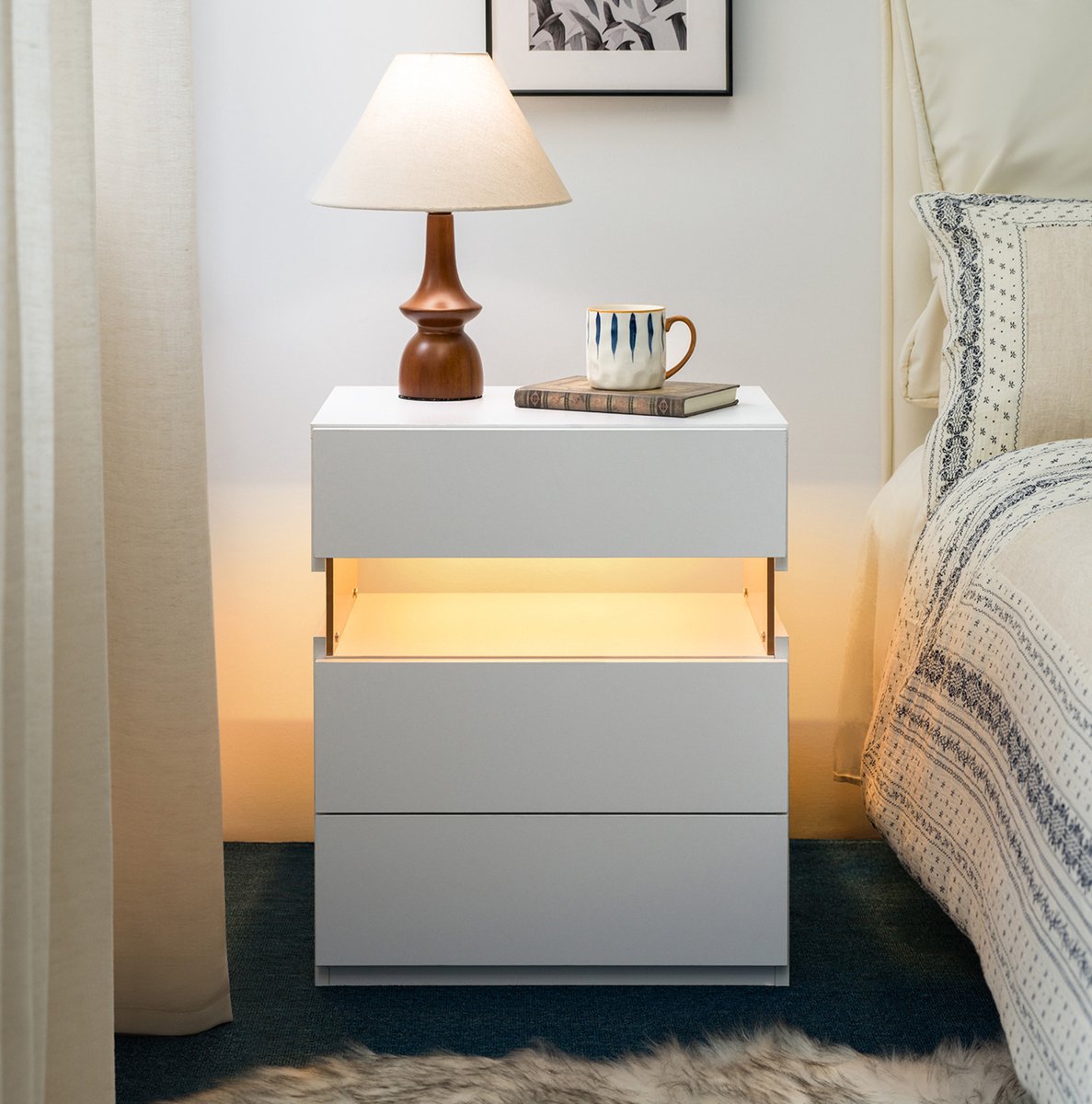 WUVRIE Nachtkastje 48x38x61 cm - 3 lades en RGB LED-verlichting - Wit