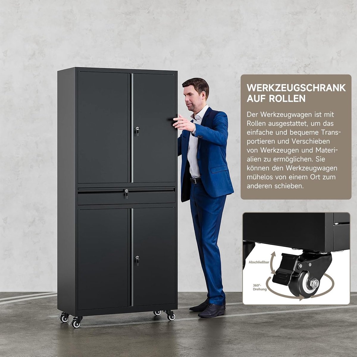 Gereedschapskast 180 x 40 x 80 cm - Metaal kast met verstelbare vakken, vergrendelbare laden en wielen | Industrohome