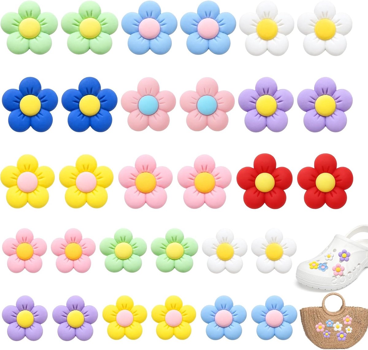 Bedels, Kleurrijke Bloem Schoenstekers 27 x 26 mm en 21 mm, Resin Schoen Decoratie voor Clogs, Sandalen, Tassen, Hoeden en Accessoires