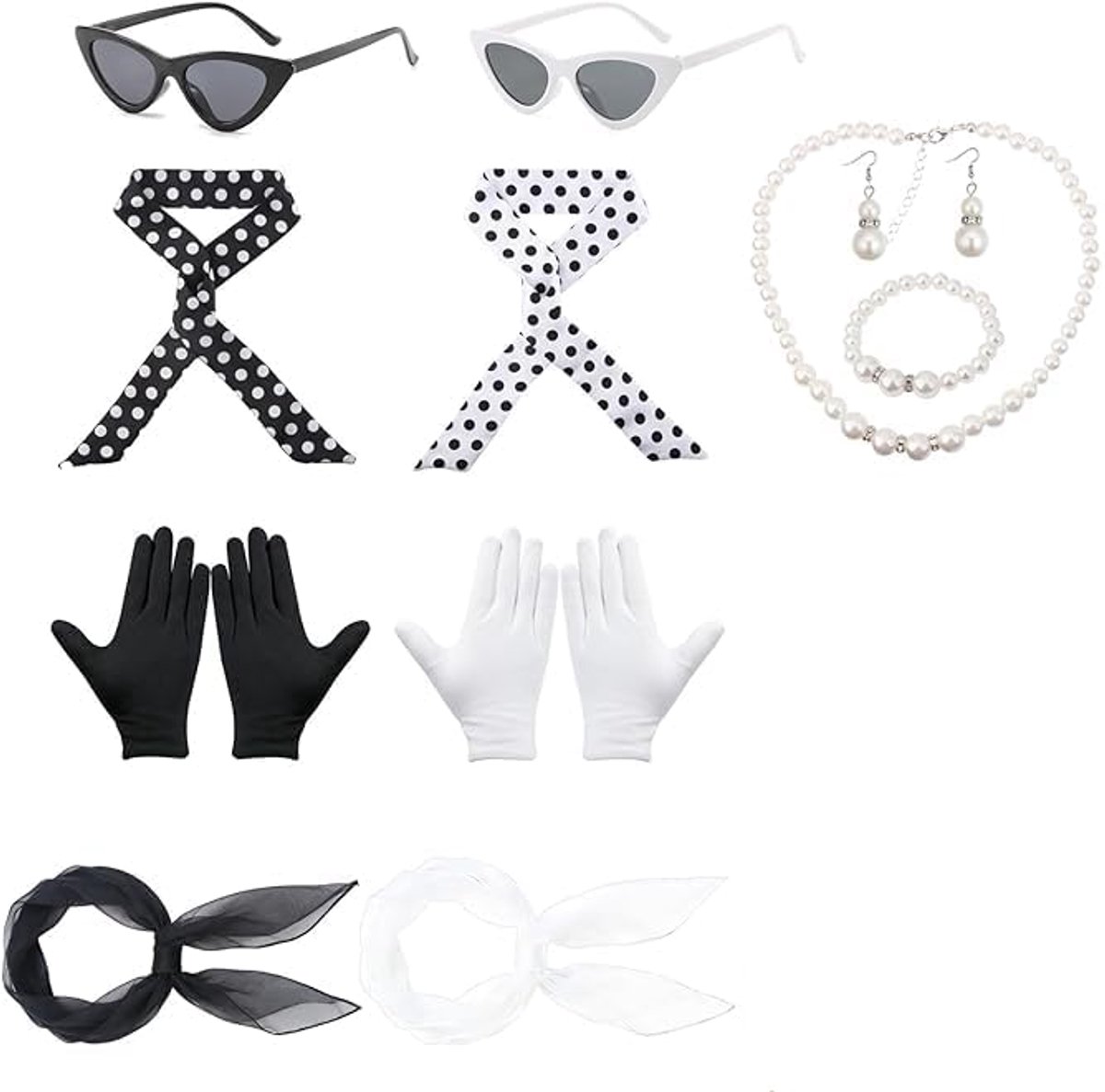 Accessoires dames jaren 50 kostuumset 13-delig – retro verkleedset met stippen sjaal handschoenen bril sieraden – zwart wit – ideaal voor feest carnaval themafeest