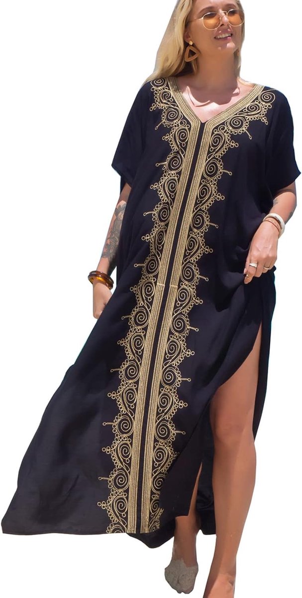 Katoen geborduurde bloemen losse kaftan boho strand bikini cover-up jurk plus-size badjas voor vrouwen, Eén maat
