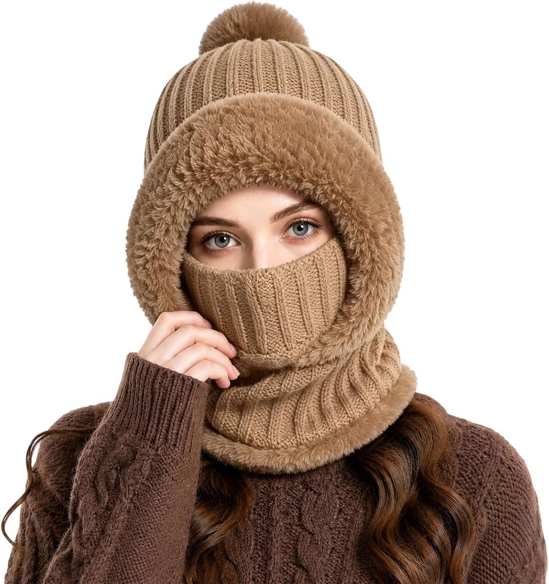 3-in-1 muts voor dames, balaclava met pompon, sjaal en masker, warme fleece gevoerde wintermuts, gebreide muts voor skiën, wandelen, fietsen, outdooractiviteiten