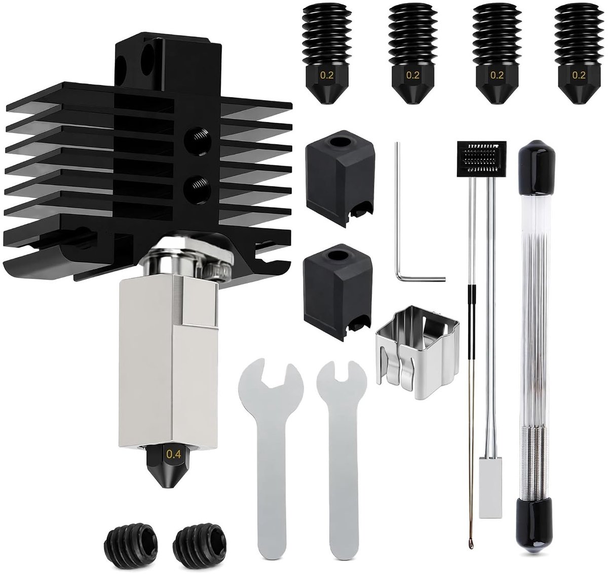34-delige hotend set, compatibel met Bambu Lab P1P en P1S, hotend complete set met 0,2 mm en 0,4 mm mondstuk, thermistor-verwarmingsassemblage, siliconen sokken, reinigingsnaalden en